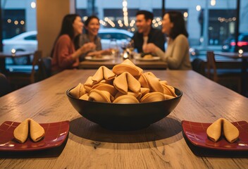 A bowl of fortune cookies centers a wooden table where friends laugh and enjoy a dinner celebration, capturing joy and after-meal anticipation.