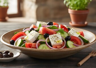 Vibrant healthy Greek salad featuring fresh tomatoes, cucumbers, red onions, black olives, and large feta cheese blocks drizzled with olive oil.