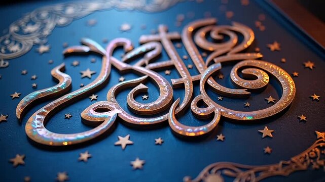 Ornate golden Arabic calligraphy swirls with celestial stars on deep blue background, evoking tradition and luxury