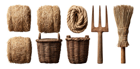 Rustic Agricultural Tools and Materials Isolated on Transparent Background