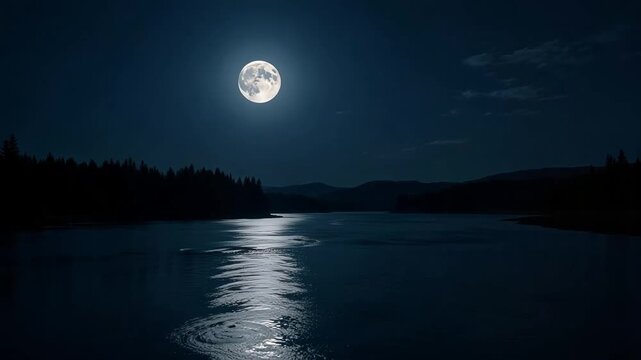 Full moon shimmering over calm lake waters at night creates serene atmosphere, perfect for meditation or peaceful escape videos and nature documentaries