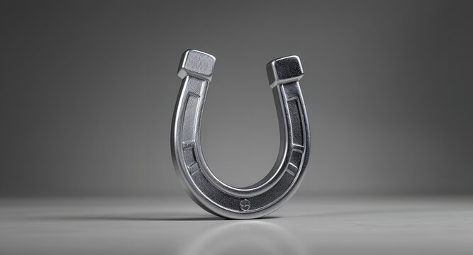 A metallic horseshoe object on a simple surface, symbolizing luck and fortune