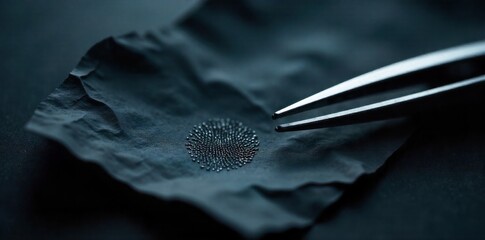 Forensic evidence analysis A dimly lit, detailed close up of a crime scene investigation table. Various pieces of forensic evidence are scattered across a dark, textured surface a clear plastic