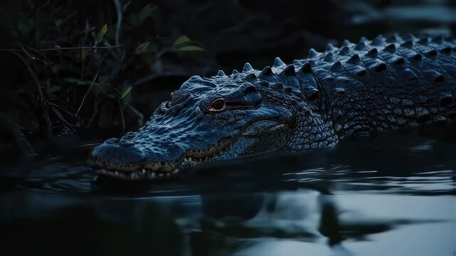 Close-up of a dark alligator in murky water at twilight