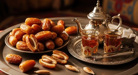 Fototapeta premium Elegance in simplicity dates and tea a tranquil moment of cultural appreciation and mindful
