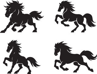 Set of Four Wild Horse Silhouettes Running Rearing Stallion Mustang Vector Icons for Logo Design and Mascot Graphics