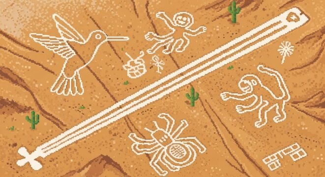 Mystical desert landscape featuring pixelated geoglyphs and enigmatic ancient drawings on arid