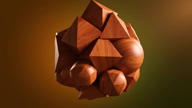 Seamlessly looping abstract motion graphics animation featuring a dynamic pattern of interlocking smooth wooden geometric shapes forest, elegant, seamless