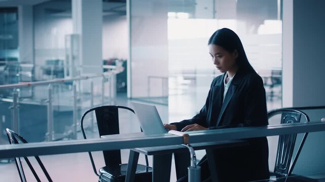 A millennial Asian woman is focused on her laptop in a sleek co-working space. Surrounded by glass walls, she represents the modern corporate lifestyle and dedication to her work.