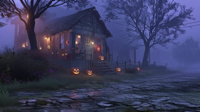 Haunting Halloween House, Night Foggy Road to Spooky House Adorned with Glowing Pumpkins