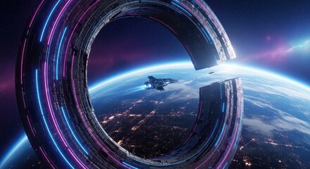 Futuristic orbital structure in deep space with cityscape viewed from above Earth