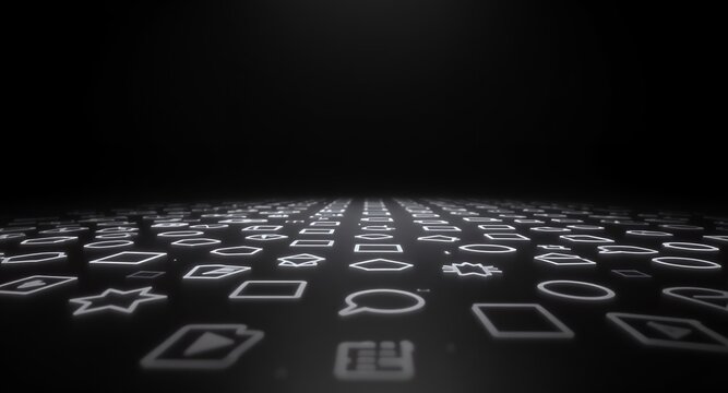 Abstract digital icons arranged in a grid on a dark surface, glowing with futuristic light
