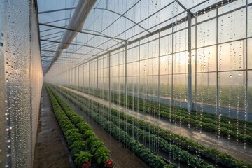 Obraz premium Greenhouse interior with plants and water droplets forming