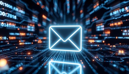 A neon email icon set against a futuristic digital backdrop, representing electronic communication 