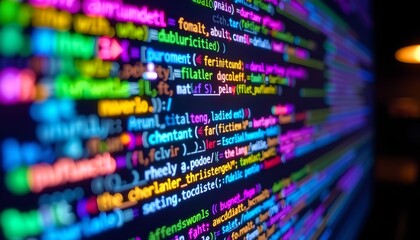 A close-up shot of colorful programming code displayed on a computer screen