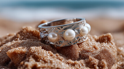 wedding rings on a  sand at a beach 