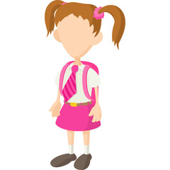 Young girl with brown pigtails wearing a pink skirt white shirt and pink tie with a pink backpack standing against a transparent background