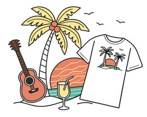 summer holiday background with palm trees, vacation, plant, green, sea, cartoon, illustration, vector, tree, nature, travel, beach, leaf, flower, sand, 