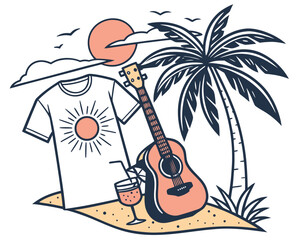 guitar player in the beach with elements isolated on white background. PNG Transparent file type with high definition quality And vibrant color grading Available.