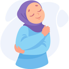 Young Muslim Woman Embraces Herself With Eyes Closed Wearing Light Blue Long Sleeve Shirt and Purple Hijab Standing Against a Blurred Organic Shape Background