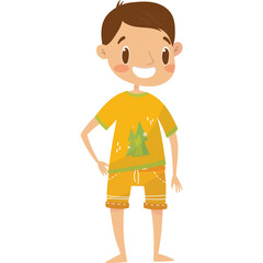 A cheerful young boy stands wearing a yellow t-shirt with a green tree graphic and matching yellow shorts against a pure white background a simple and clean cartoon illustration.