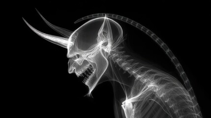 X-ray illustration of halloween devil monster skeleton with horns in spooky creepy horror fantasy design