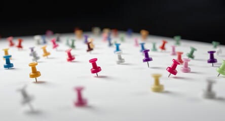 Colorful Push Pins Scattered on a White Surface with Dark Background