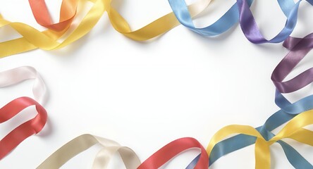 Colorful Satin Ribbons Forming a Decorative Border on White Background with Copy Space