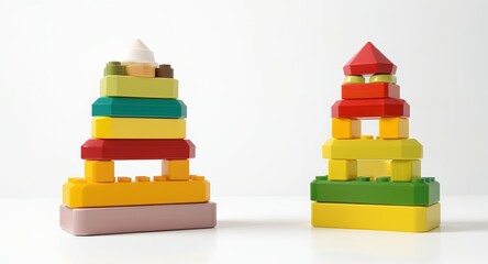Colorful Stacking Building Blocks Towers on White Background