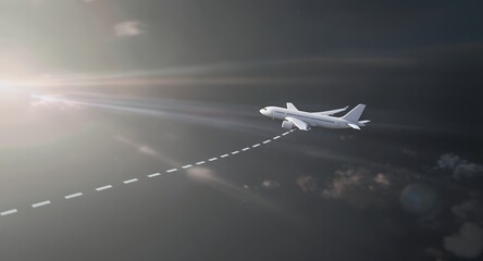 Commercial Airliner Soaring Through Dramatic Skies with Lens Flare