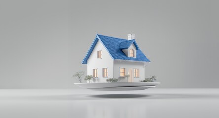 Cozy House Floating on a Levitation Platform with Greenery and Warm Lighting