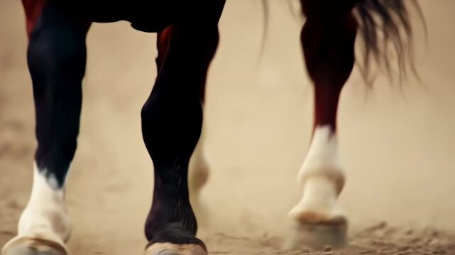 Close-up of a horse's legs in motion, kicking up dust