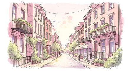 Obraz premium Illustration of a charming street lined with buildings and shops in a pinkish hue