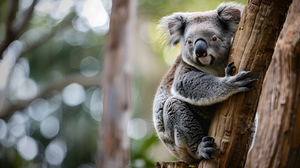 Obraz premium Koala clinging to tree trunk