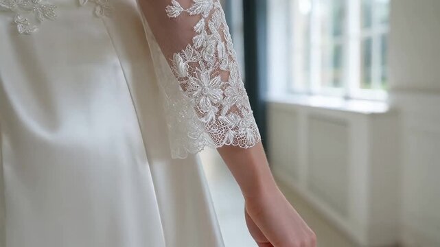 Close up of a bride's elegant white satin wedding dress with sheer floral lace embroidery detail on the short sleeve and flowing skirt