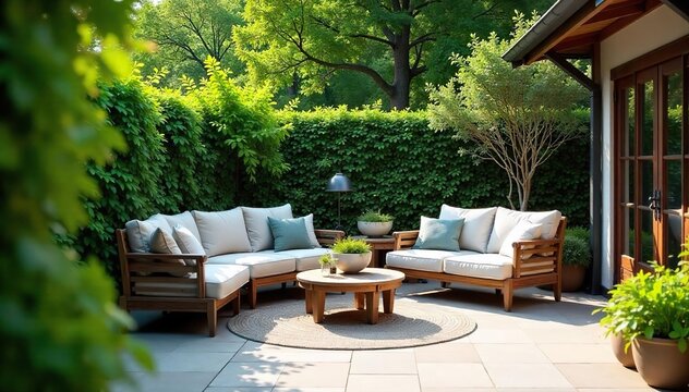 Tranquil Garden Patio Lush Greenery, Comfortable Seating, Perfect for Relaxation and Summer Entertaining