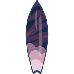 A Colorful Surfboard with Abstract Swirls and Clouds Design on White Background