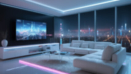 background blurred Modern living room, sleek futuristic setup with all-white furniture and holographic display, glass wall showing cityscape, night, neon and soft ambient glow, 16mm, digital zoom in, 