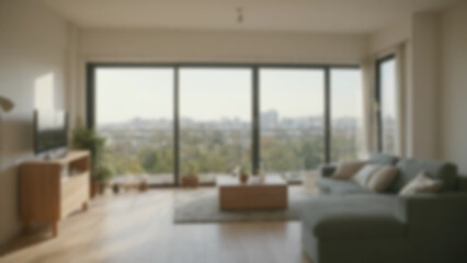 background blurred Modern living room, compact apartment style with foldable furniture and smart storage, balcony view in background, noon, strong daylight from window, 24mm, camera dolly sideways, Fu