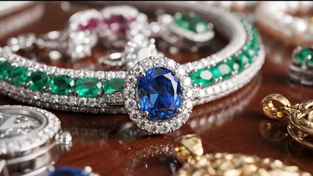 Luxury Jewelry Collection Displayed on a Polished Surface.