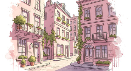 Pink Buildings A Charming Watercolor Depiction of City Architecture