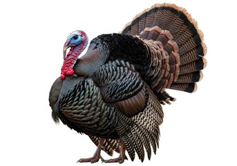 A male turkey with its tail feathers fanned out isolated on white background