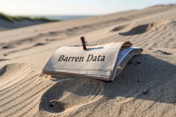 A printed paper titled Barren Data resting on a sandy beach