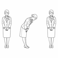 Female Service Staff Standing and Bowing in Uniform (Set of 3 Poses)