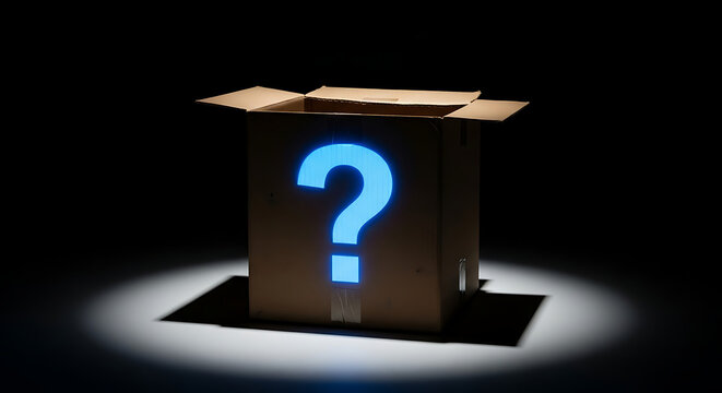 A mysterious open cardboard box with a glowing blue question mark symbol illuminated by a spotlight, representing the unknown, surprise, and secrets