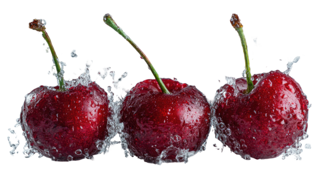 Three fresh cherries in water splash