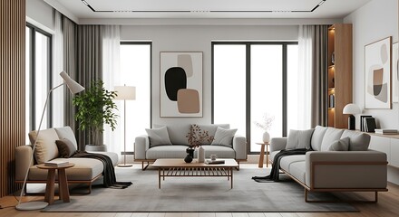 A bright and airy contemporary living room with a minimalist design, comfortable seating, and large windows flooding the space with natural light