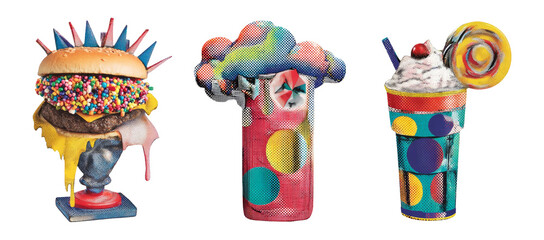 Naklejka premium Retro Cutout Collage of Colorful Food and Drink Objects on Transparent Background