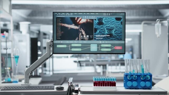 Empty clinical laboratory with advanced technology and sterile surfaces ready for testing, data analysis and chemical reaction experiments. Healthcare and pharmaceutical research breakthrough.