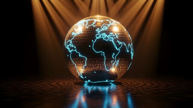 Global technology concept with a glowing world map on a futuristic sphere, symbolizing innovation, connectivity, and the digital age, set against a dark background